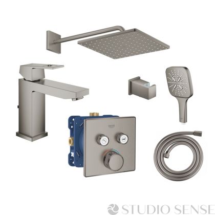 ПРОМО комплект смесител за мивка и душ за вграждане с термостат Eurocube SmartControl Brushed Hard Graphite 