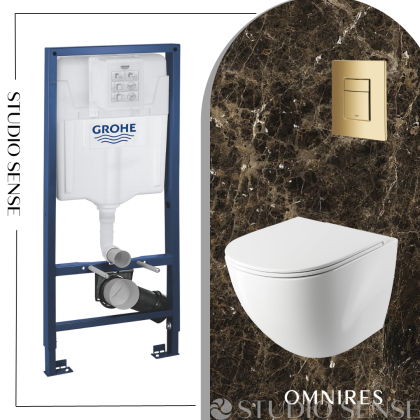 ПРОМО СЕТ тоалетна Ottawa Rimpless, структура Grohe и златен бутон Skate Cosmopolitan  