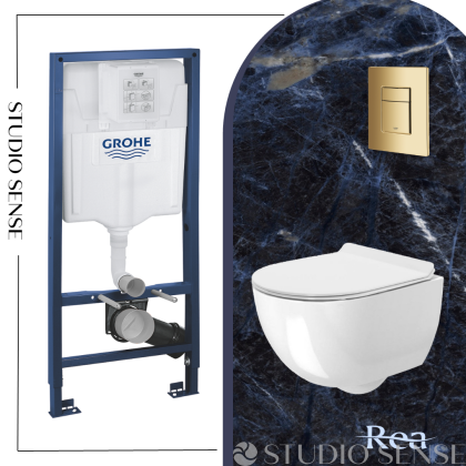 ПРОМО СЕТ тоалетна Carter Rimpless, структура Grohe и златен бутон Skate Cosmopolitan  