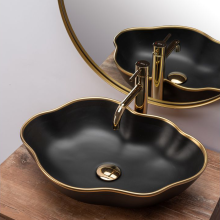 Pearl 52 Sit-on Washbasin Black Matt Yellow Gold Edge