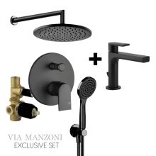 Комплект черен вграден душ+смесител за мивка Via Manzoni Round Exclusive 