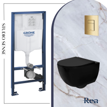 ПРОМО СЕТ черна тоалетна Carlo Rimpless, структура Grohe и златен бутон Skate Cosmopolitan  